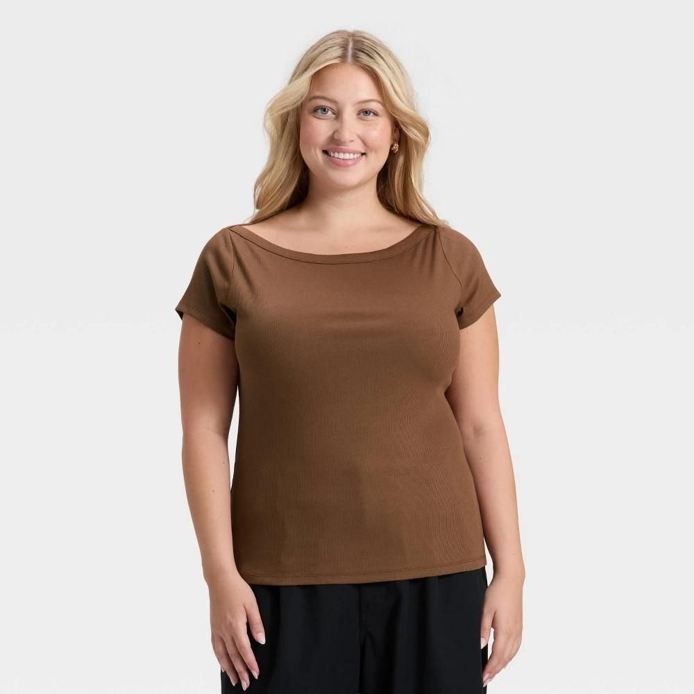 Women's Boat Neck Ribbed T-Shirt - a New Day™ Brown XXL